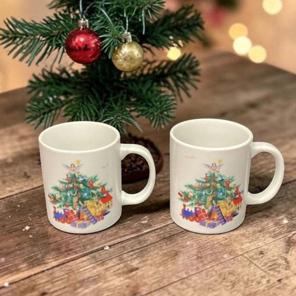 BIA Cordon Bleu White Christmas Tree Coffee Cups, Set of 2,‎ Vtg Porcelain Mugs